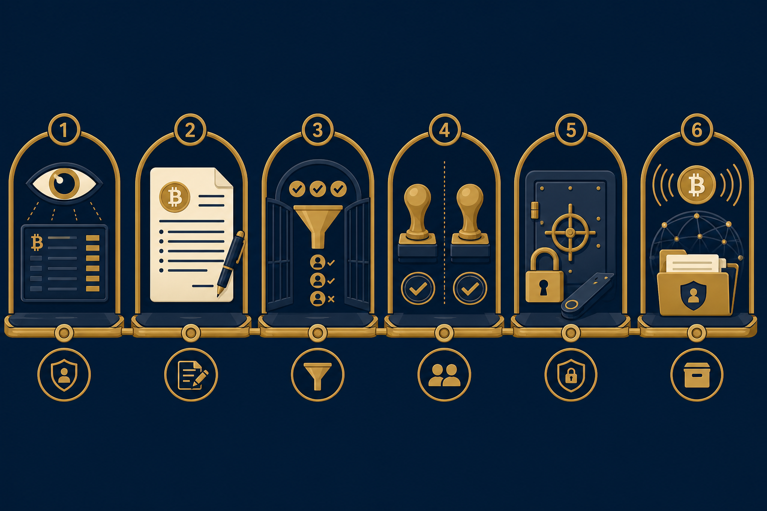 Ilustración: pipeline de seis pasos del gasto público en Bitcoin