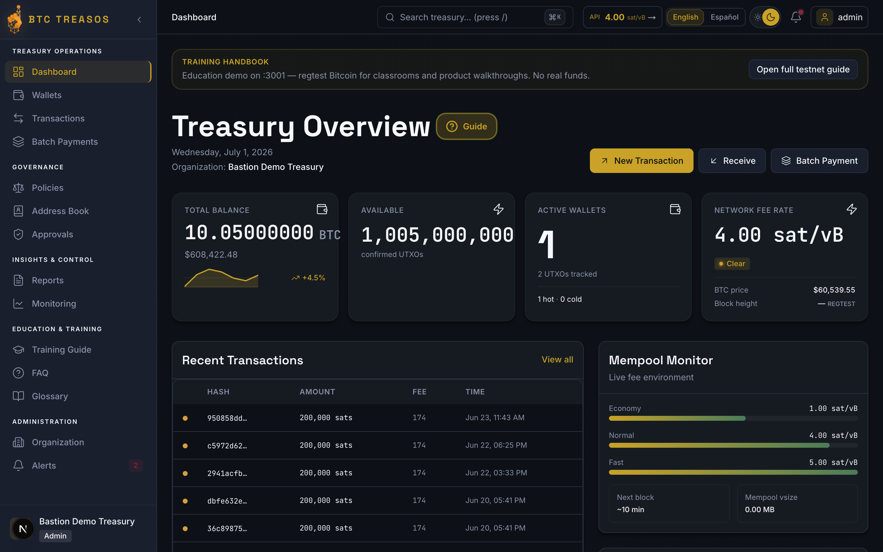 TreasOS treasury dashboard — institutional Bitcoin operations
