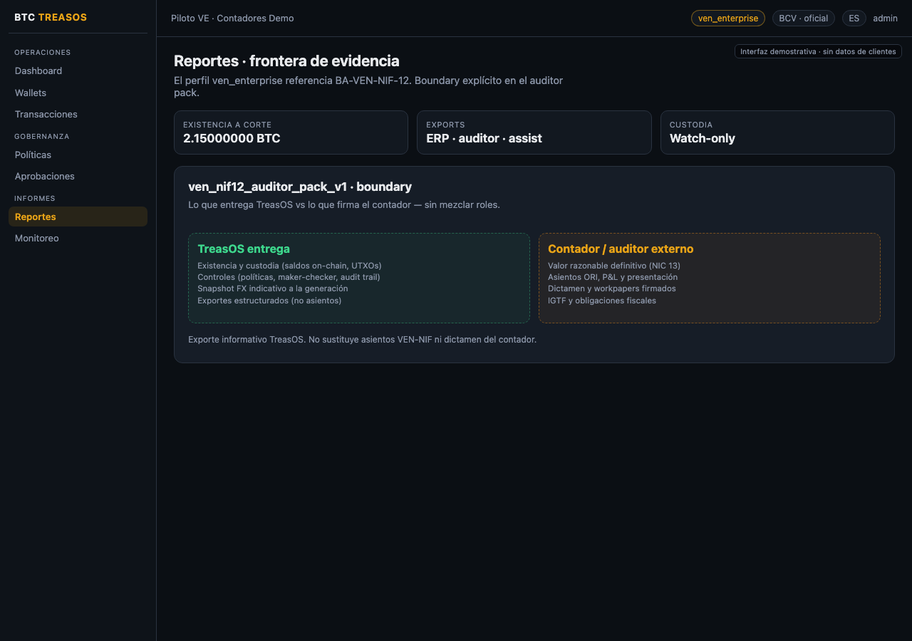 TreasOS frontera de evidencia: qué entrega el software vs qué firma el contador